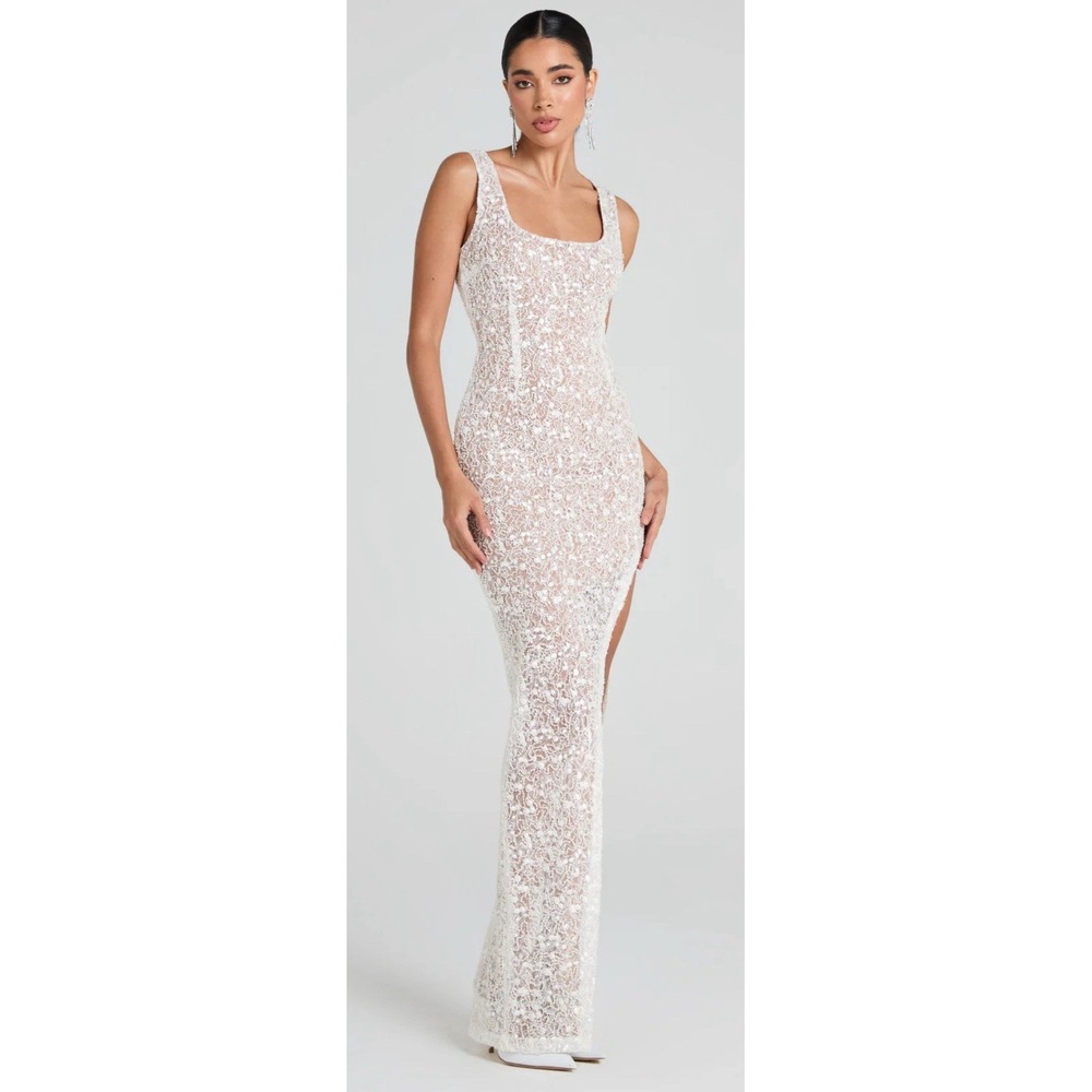 Nadine Merabi Louisa White Dress NWT Size US 6 High‎ Slit Gown